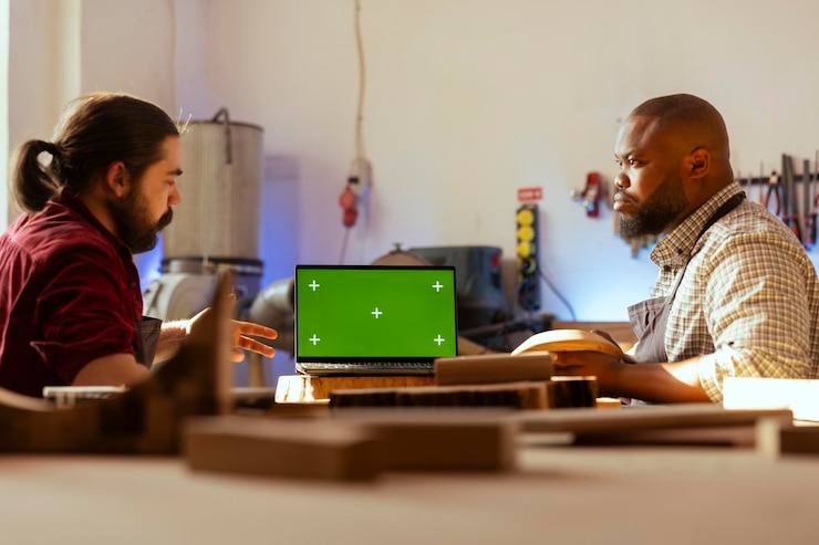 Photo artisans in studio crosschecking wooden object with blueprint on mockup laptop