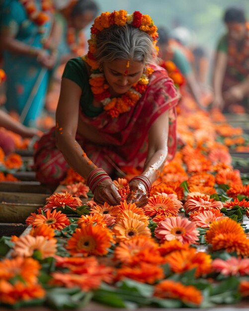 Photo artisans weaving garlands for the chariots background