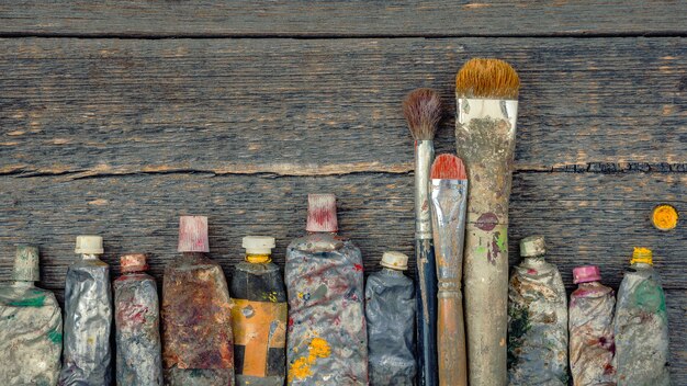 Artist brush and paint tubes