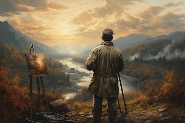 Artist capturing a landscape on canvas