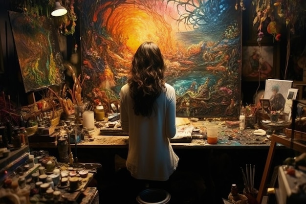 Photo artist creating acrylic paintings in her studio