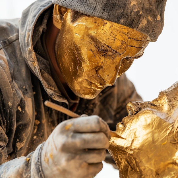 働く男性の金の像を制作するアーティスト