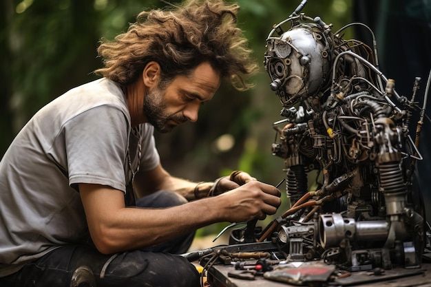 An artist creating a sculpture from old car parts