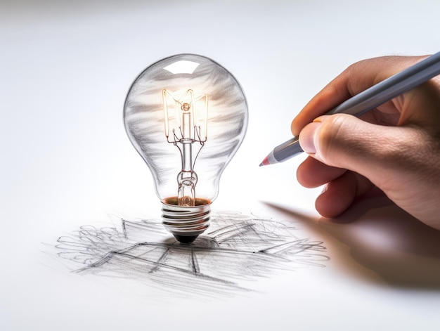 An artist doodles a light bulb on a piece of paper