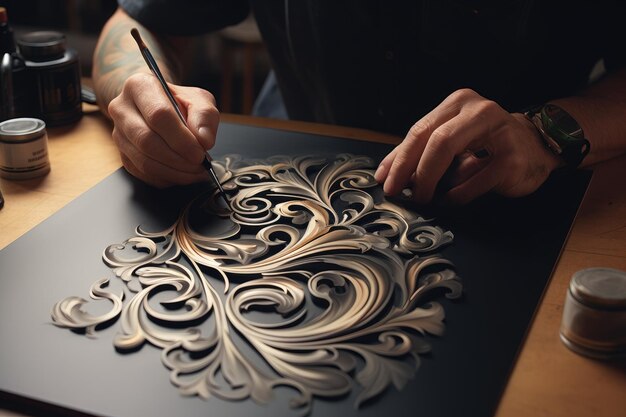 The artist draws a pattern on a black sheet of paper with a brush Embrace the art of elegant lettering in the enchanting world of Calligraphy style AI Generated