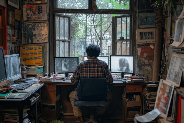 Художник, сосредоточенный на цифровом творчестве в беспорядочной старинной студии