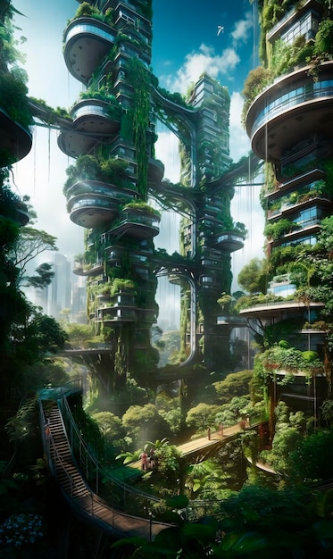 未来都市のコンセプチュアル アートと緑豊かな庭園の宇宙船建築のアーティスト AI 生成 AI 生成 AI Generativ