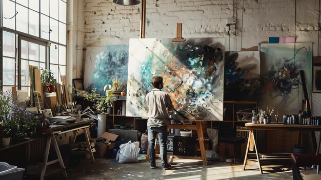 Художник в своей студии работает над большой абстрактной картиной