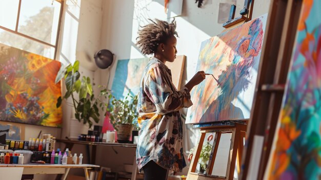 Photo an artist indulging in creativity inside a vibrant sundrenched studio amidst a stunning array of colorful canvases and an abundance of art supplies