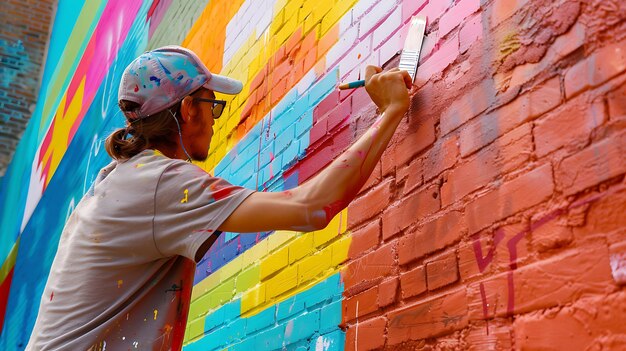 An artist is painting a mural on a brick wall The mural is made of bright colors and abstract shapes