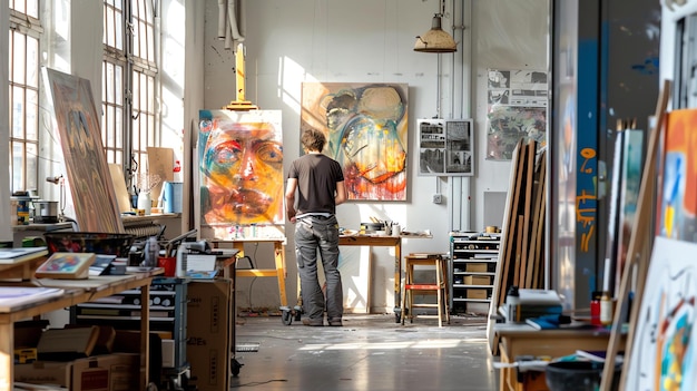 한 예술가가 그의 스튜디오에서 일하고 있으며, 그는 큰 캔버스 앞에 서 있으며, 그의 주변 벽에는 다른 여러 그림이 있습니다.