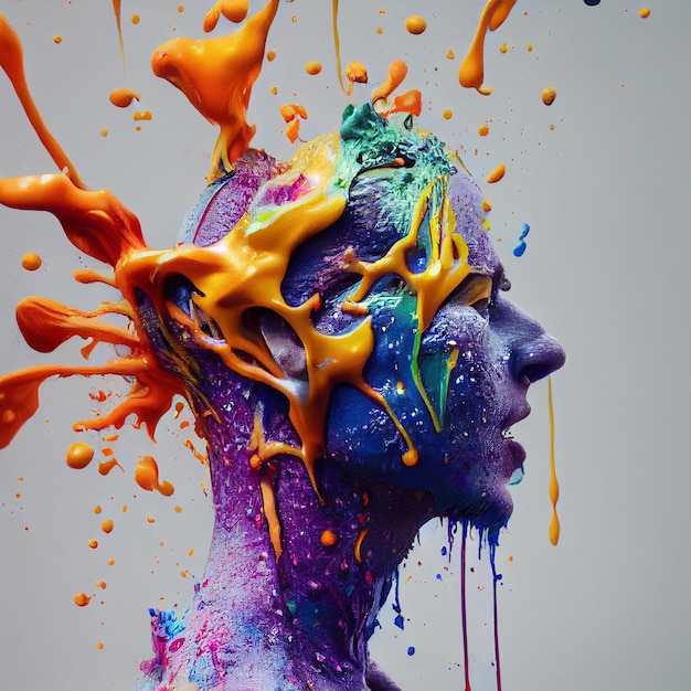 Artist man with paint splash on her head creativity 3d rendering