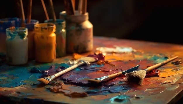 Foto lo studio disordinato dell'artista mette in mostra vivaci dipinti multicolori e attrezzature artigianali generate dall'ia