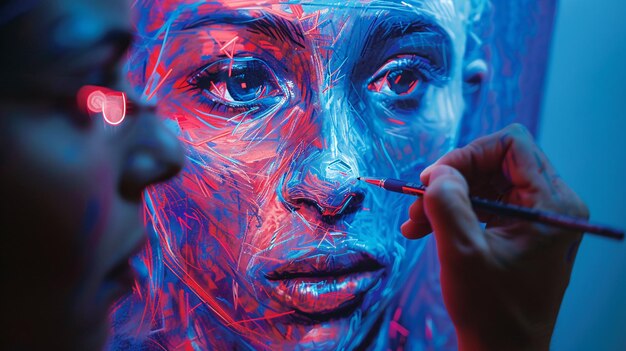 Foto artista che dipinge un ritratto astratto colorato di una donna alla luce del neon