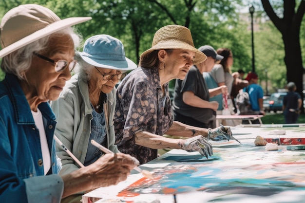 生成 AI で作成された公園で高齢者とコミュニティ壁画を描くアーティスト