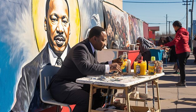 An artist painting a mural of mlk capturing the careful brush strokes and the engagement