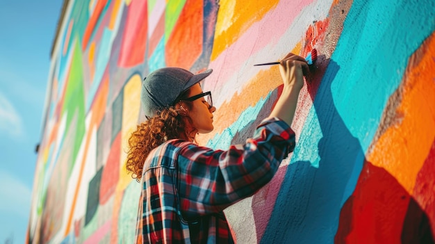 Художник рисует фреску на городской стене красочное уличное искусство блестящее