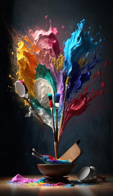 Photo artist palette splashes of colors brushes flying in the air in a beautiful wallpaper ai generated image