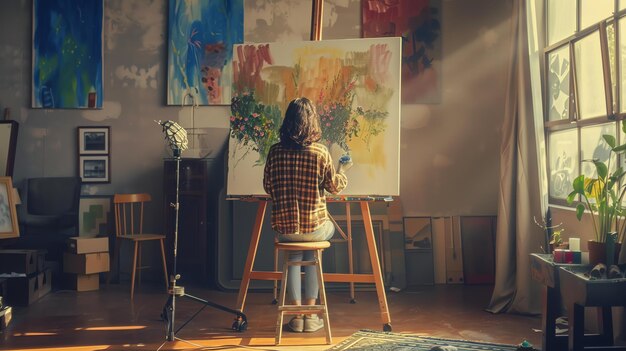 An artist in a plaid shirt is sitting on a stool in their studio painting a canvas with a floral still life