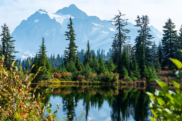 Foto punto dell'artista picture lake mount baker sentiero escursionistico in autunno con un bel cielo blu washington stati uniti