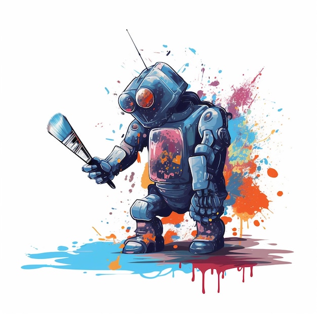 an artist robot holding a paintbrush is painting