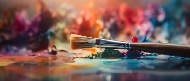 Photo artist's brush is dipped into the watercolor palette generative ai