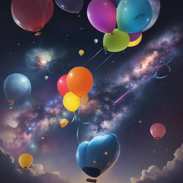 Photo artist's rendering of balloons escaping into the galaxy