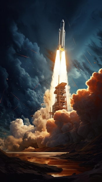 An artist's rendering of a rocket taking off