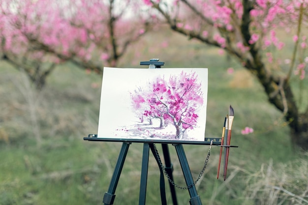 Foto artist's statief met een foto in een perzikboomgaard lente