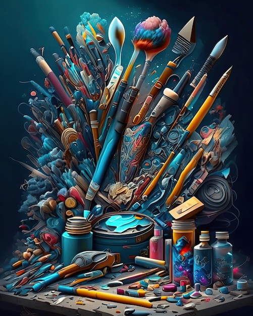 Photo artist's tools and materials such as brushes palette knives and canvas