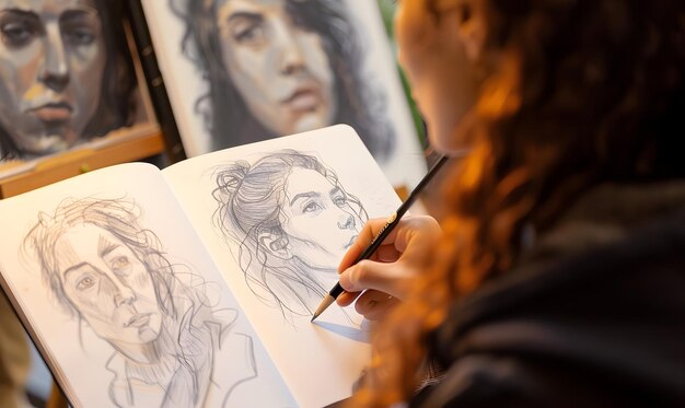 Photo artist sketching faces in a notebook