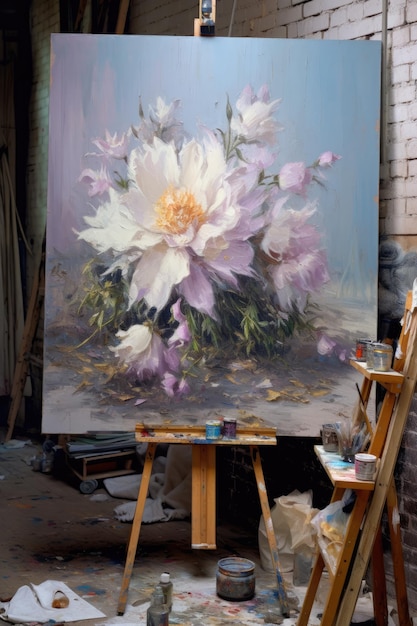 Студийная обстановка художника с большой цветочной картиной на холсте на станковых красках и кистях на столе