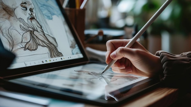 Artist using a digital tablet and stylus to draw a portrait