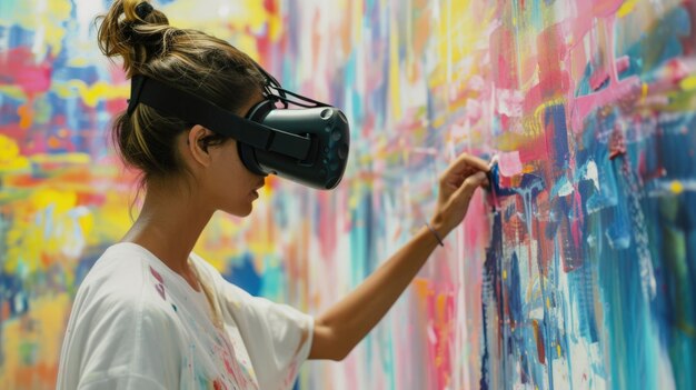 Foto artista in vr headset che dipinge tele colorate