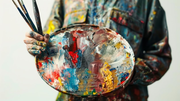 Photo artist with a smock clothes and holding brushes