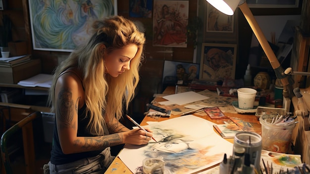 Artist working in her studio wiht paintbrushes and a print