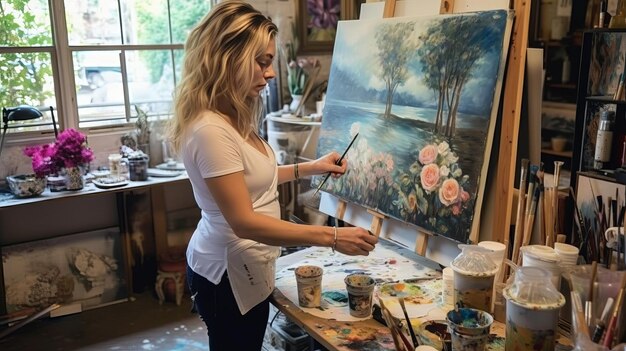 Artist working in her studio wiht paintbrushes and a print