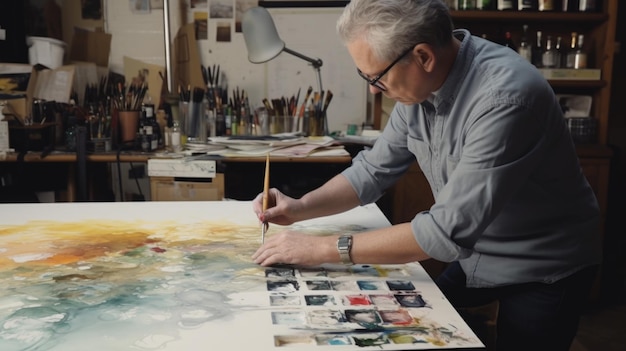 An artist working in studio with watercolor painting Generative AI AIG21