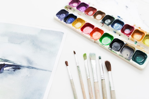 artist workplace with drawing tools