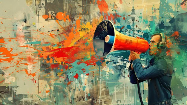 Photo an artist39s collage of a speaker with a megaphone communication concept