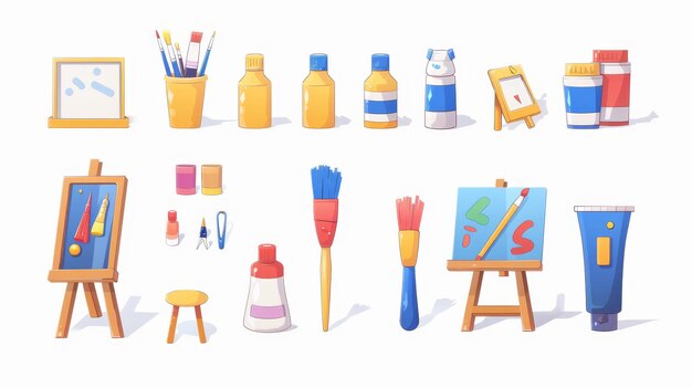 Photo an artist39s easel paint brushes and artist palette an icon set for drawing school class illustrations a gouache tube and crayon kit for child hobby and creative talent education