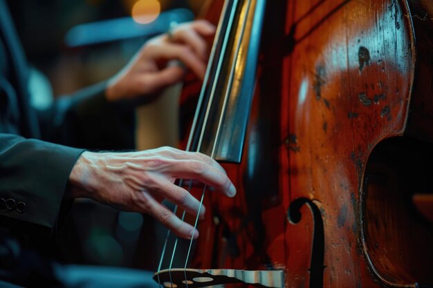 Artist39s hand on the strings of a cello bokeh lights hint at a live performance