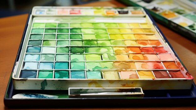 An artist39s watercolor set rows of color gradients one green pan sharply defined against a blurred array of tones