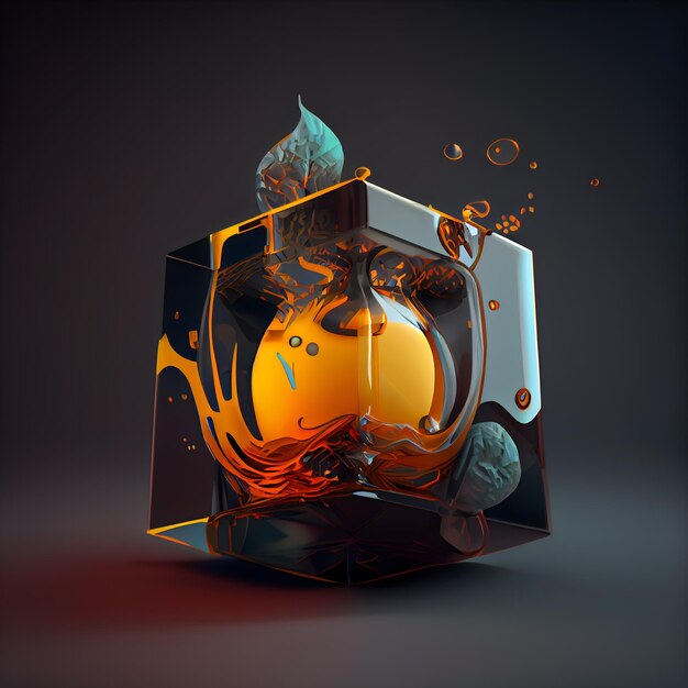 Artistic 3d illustration of an unusual crystal cube with a candle inside