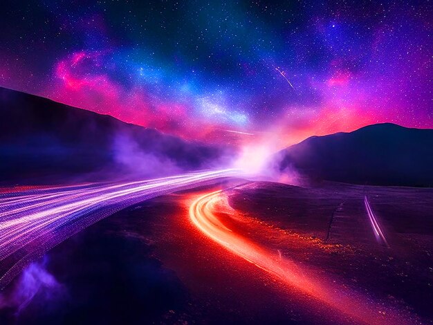 Photo artistic abstract light trails and effects with nebula and fog mysterious atmosphere background