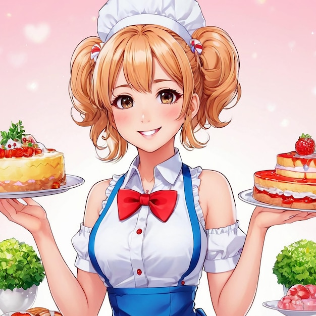 Artistic anime picture of a young girl waitress