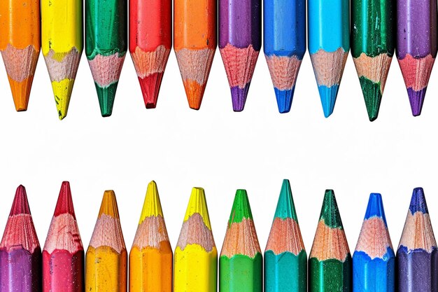 Photo artistic arrangement crayons form a colorful border on a white surface