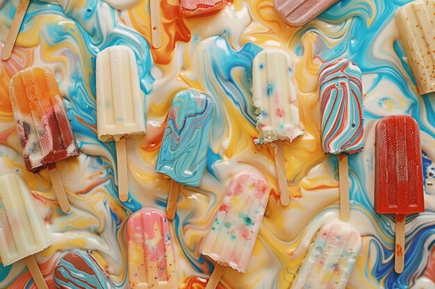 Artistic array of ice creams and popsicles patterns of swirls and stripes