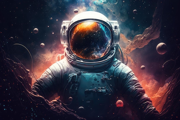 Artistic astronaut floating in the depths of space surrounded by stars and galaxies