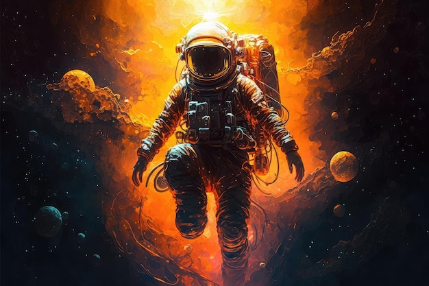 Artistic astronaut floating among the stars her spacesuit illuminated by the sun